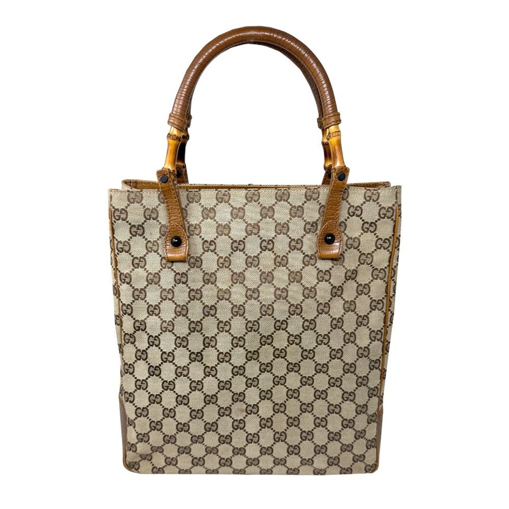 Gucci Vintage GG Monogram Canvas Bamboo Handle Tote Bag Tom Ford Era Y2K